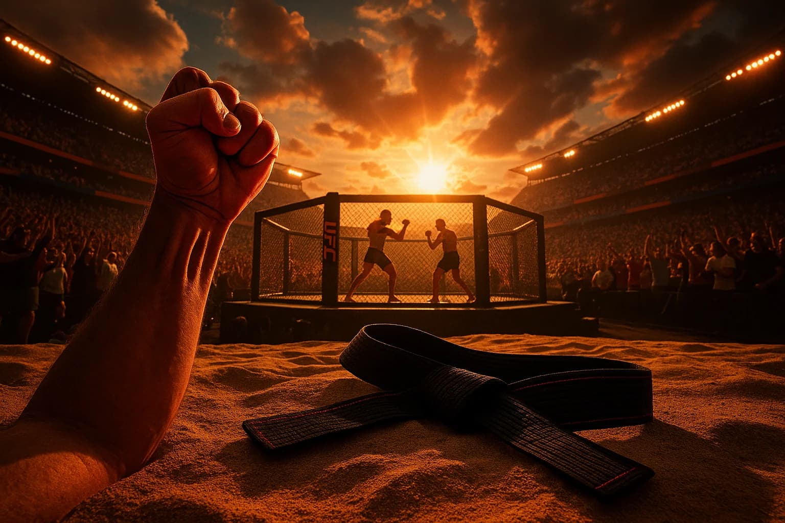 Thrilling outdoor UFC fight scene with a roaring crowd, a triumphant fist, and a belt on sand, showcasing the intense free HD streaming power of Crackstreams.